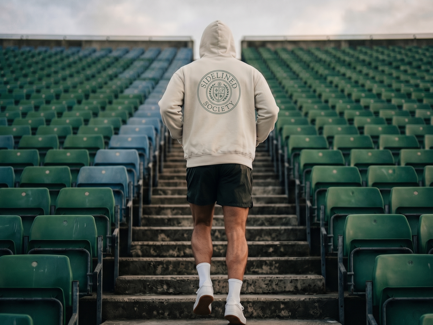 Sidelined Society heavyweight cream hoodie photographed on model