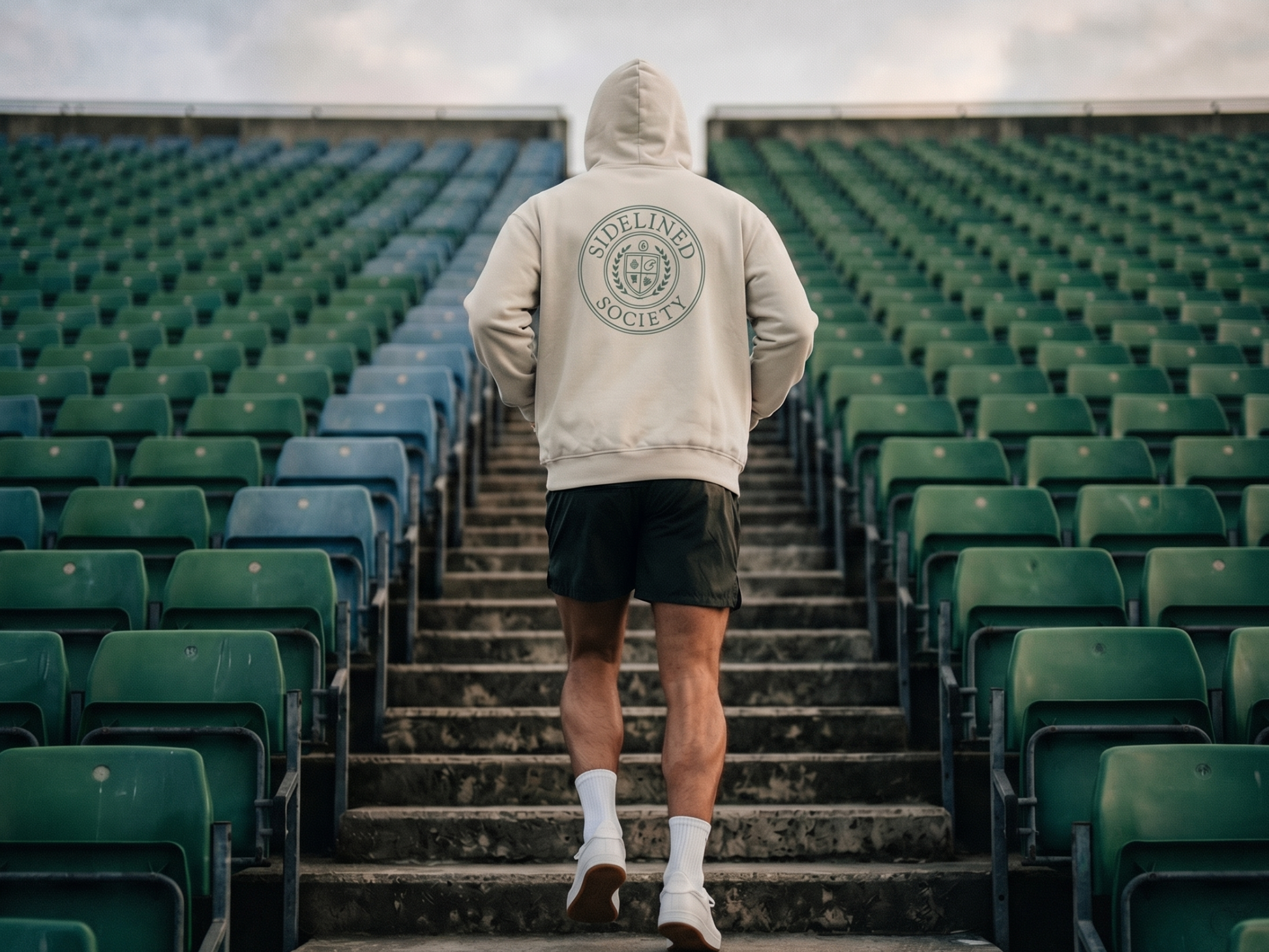 Sidelined Society heavyweight cream hoodie photographed on model