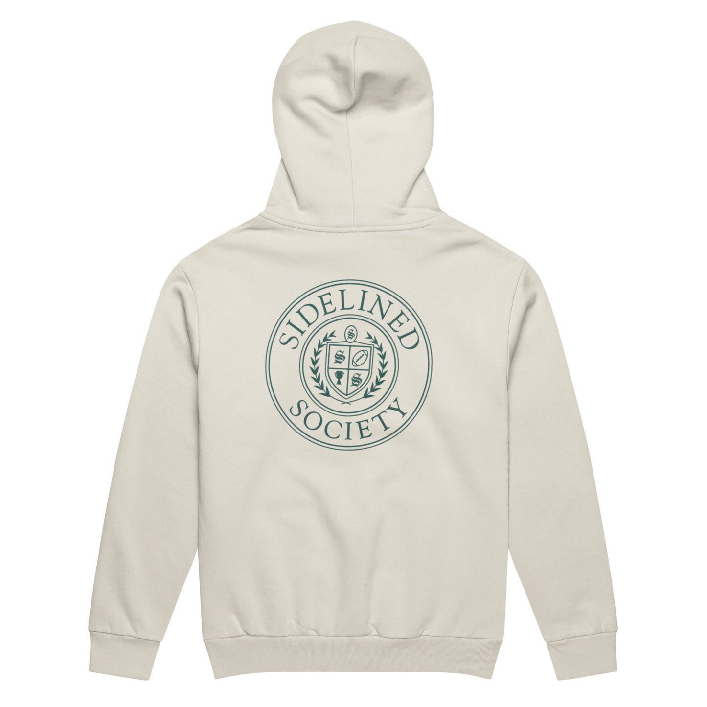 Sidelined Society heavyweight cream hoodie photographed on model