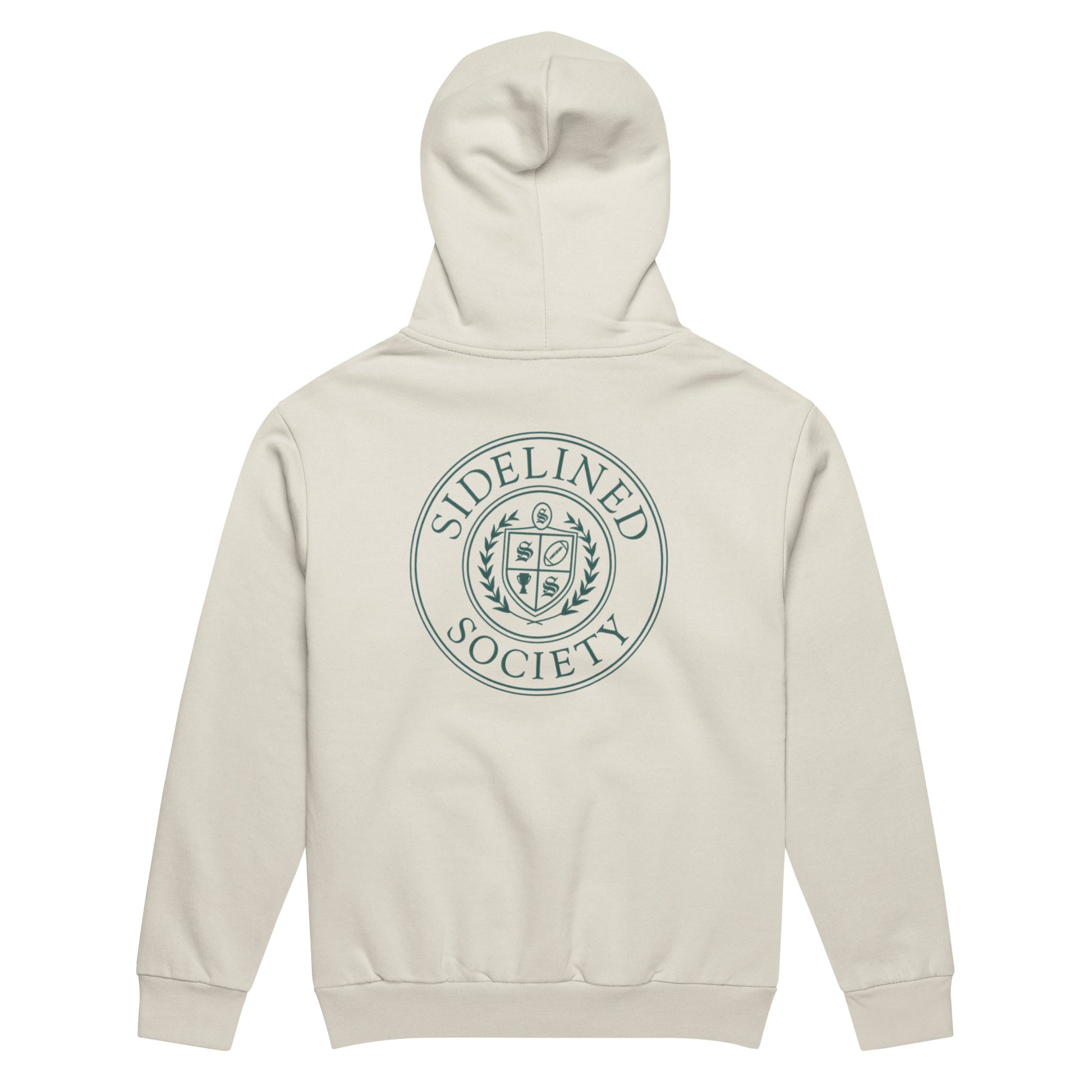Sidelined Society heavyweight cream hoodie photographed on model
