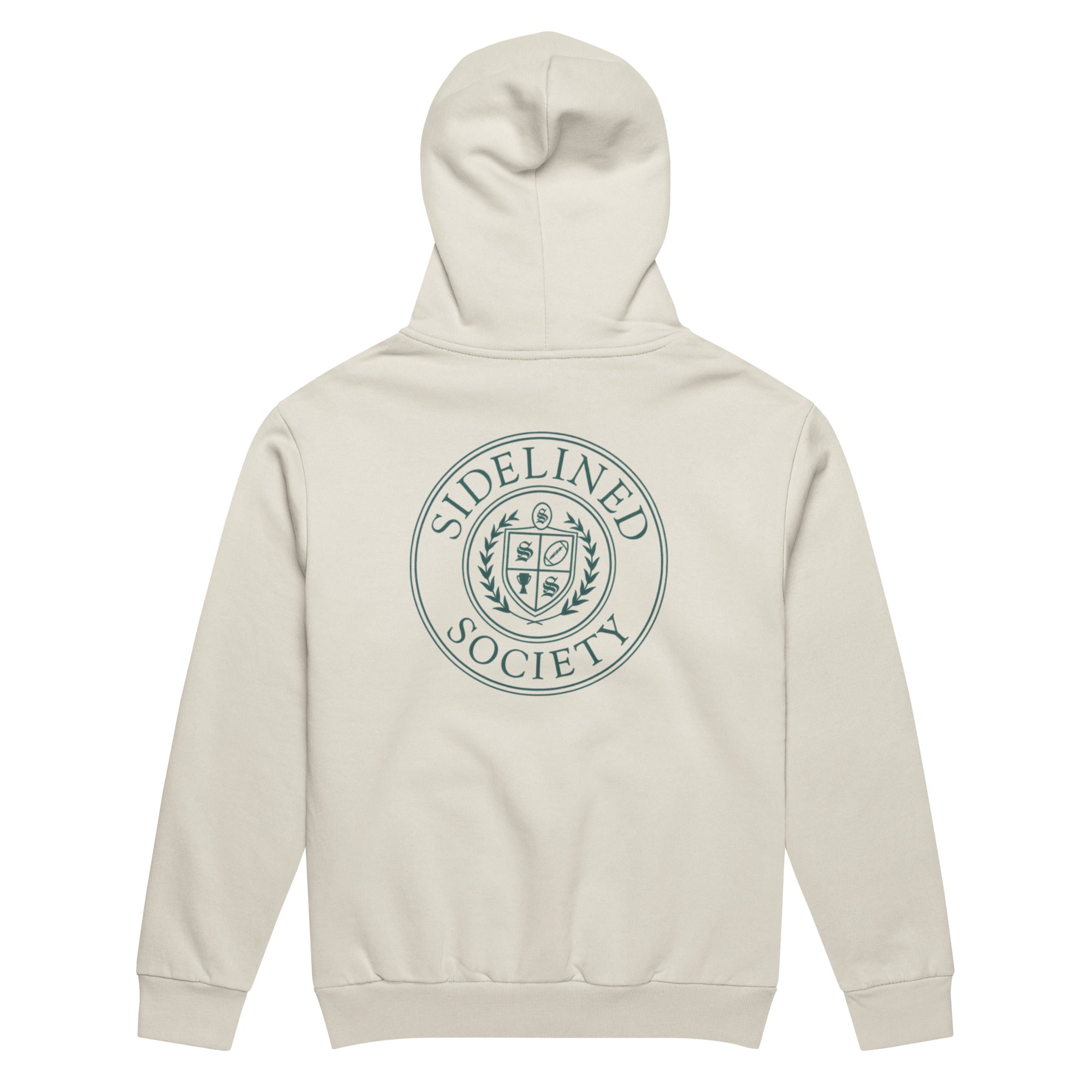 Sidelined Society heavyweight cream hoodie photographed on model