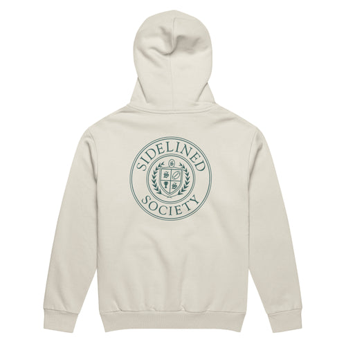 Sidelined Society heavyweight cream hoodie photographed on model