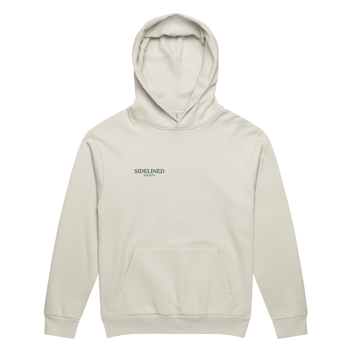 Sidelined Society heavyweight cream hoodie photographed on model