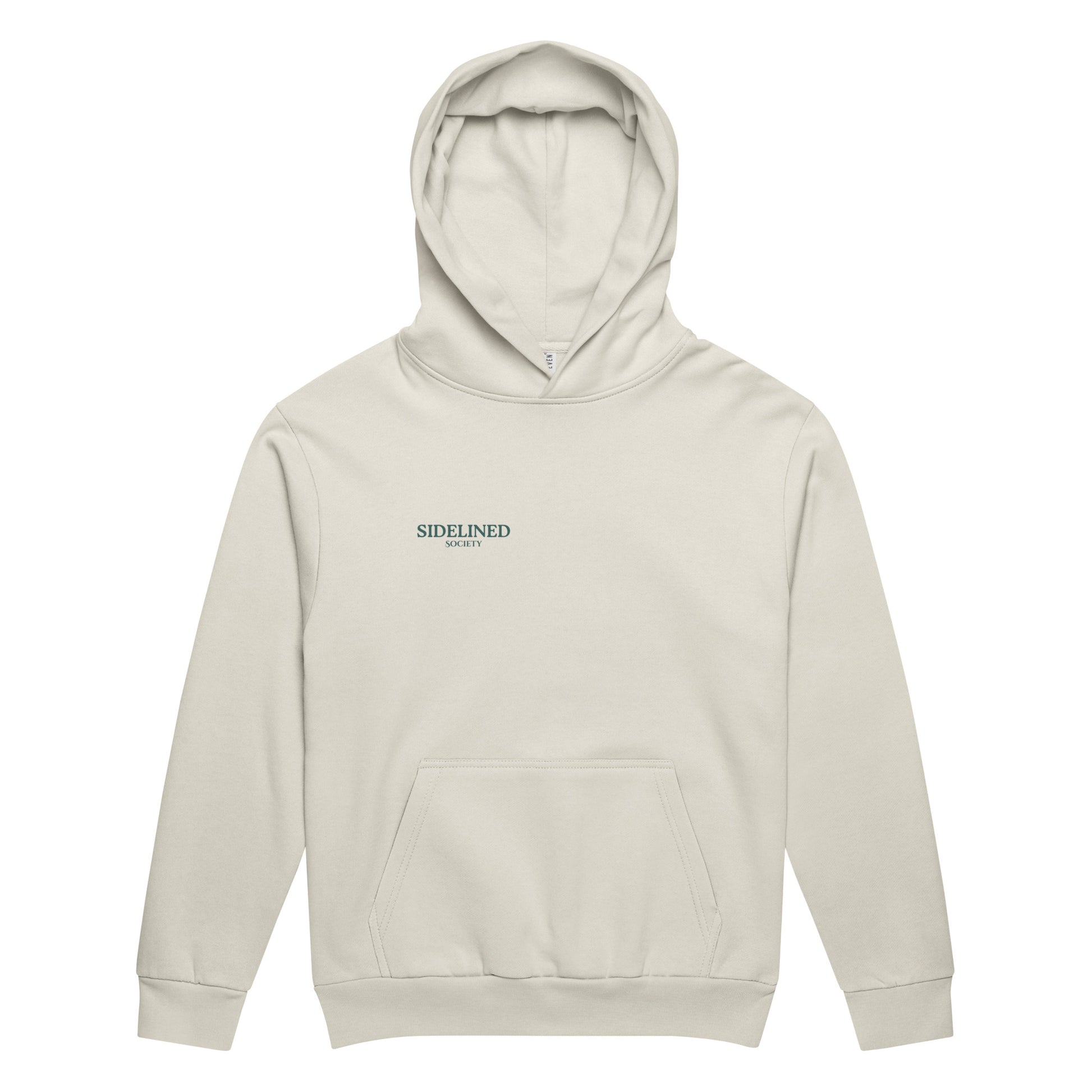 Sidelined Society heavyweight cream hoodie photographed on model