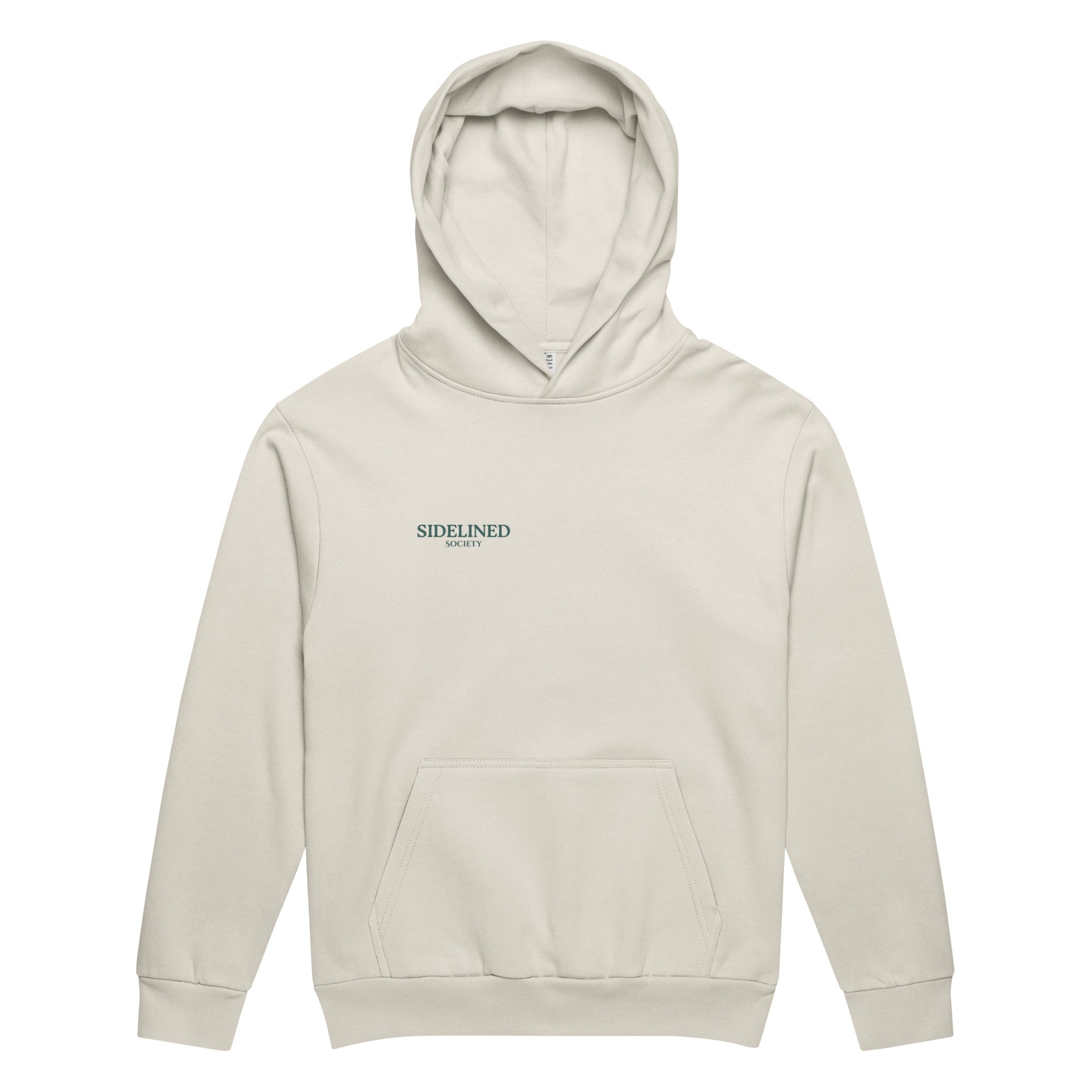 Sidelined Society heavyweight cream hoodie photographed on model